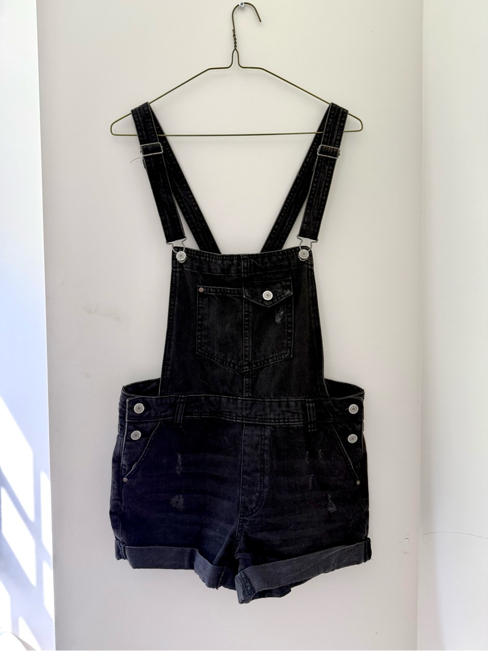 Bershka Black Denim Short Overalls Distressed Dungarees Women’s Small